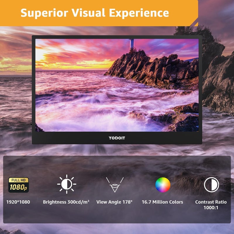 Yodoit Portable Monitor for Laptop 1920×1080 17.3" FHD Screen IPS Display with USB Type C Port, Built-in Speakers and Smart Cover Compatible with PC, MacBook, Xbox (Black) - Image 5
